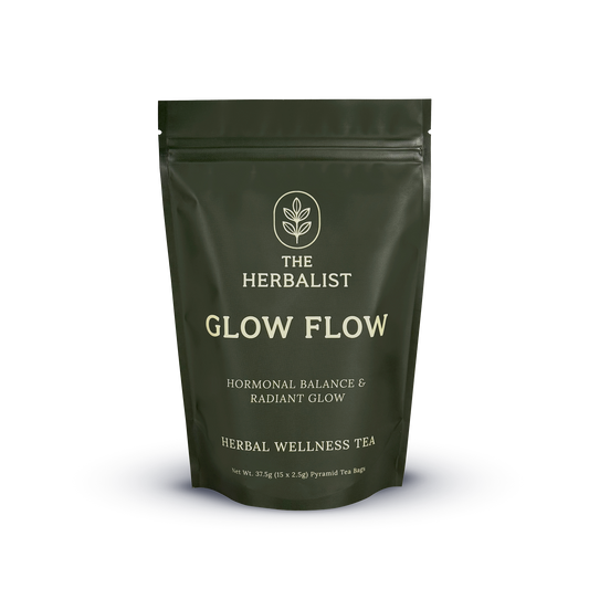 Glow Flow premium herbal tea in pyramid tea bags – natural support for women’s hormonal health, PMS, and PCOS relief