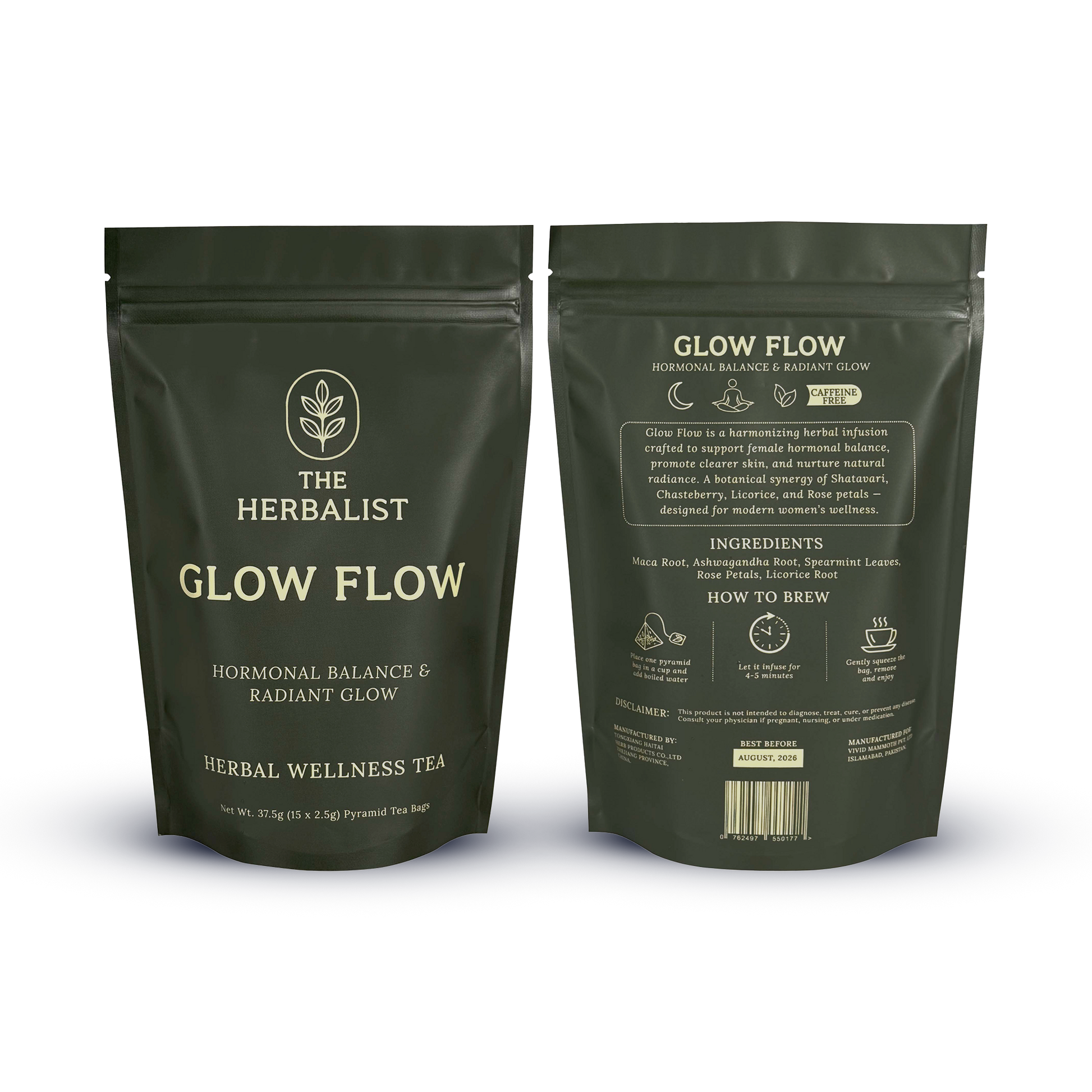 Natural herbs used in Glow Flow tea – rose petals, spearmint leaves, chamomile flowers, and ashwagandha for women’s wellness