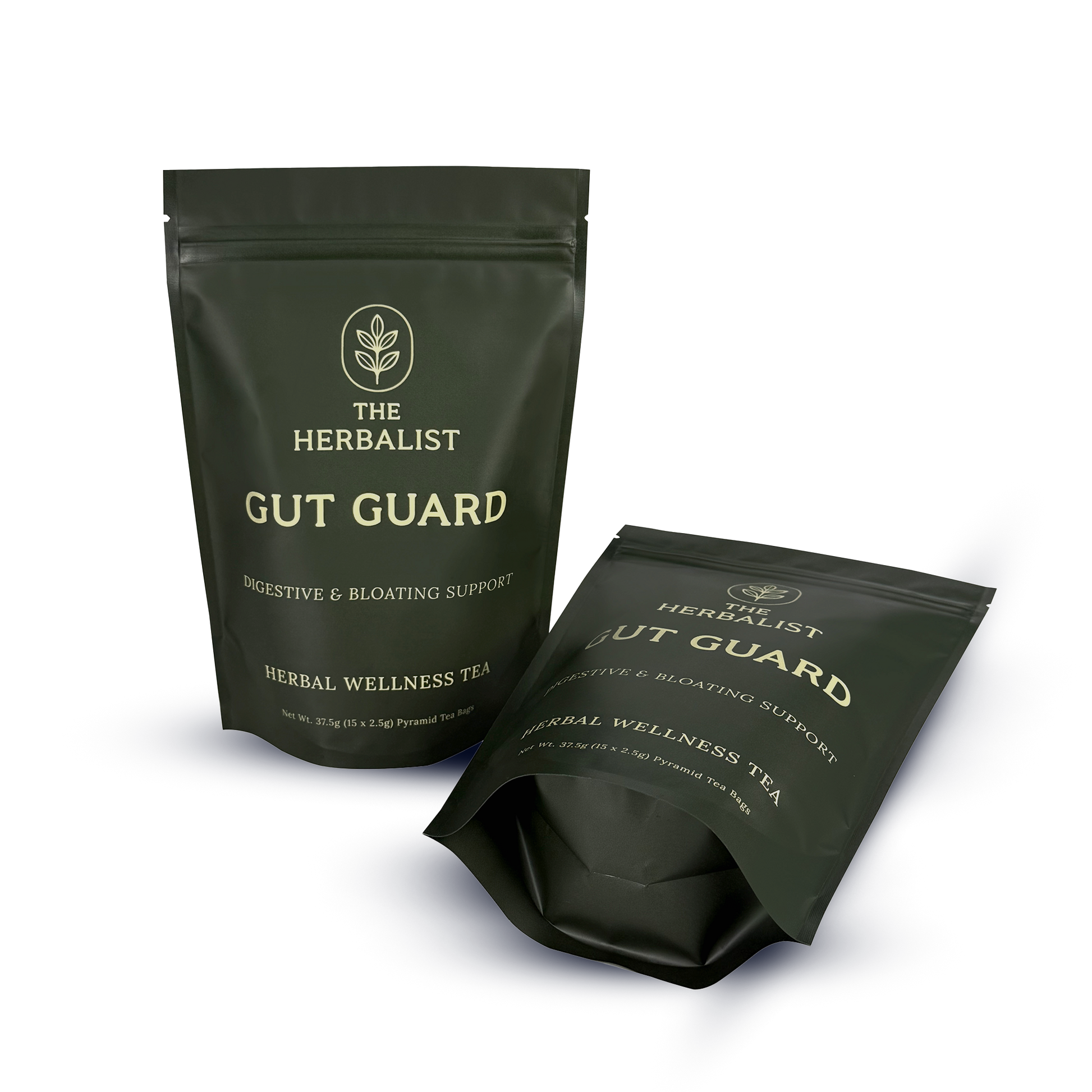 Steaming Gut Guard pyramid tea bag infusing calming herbs for gut health and digestion