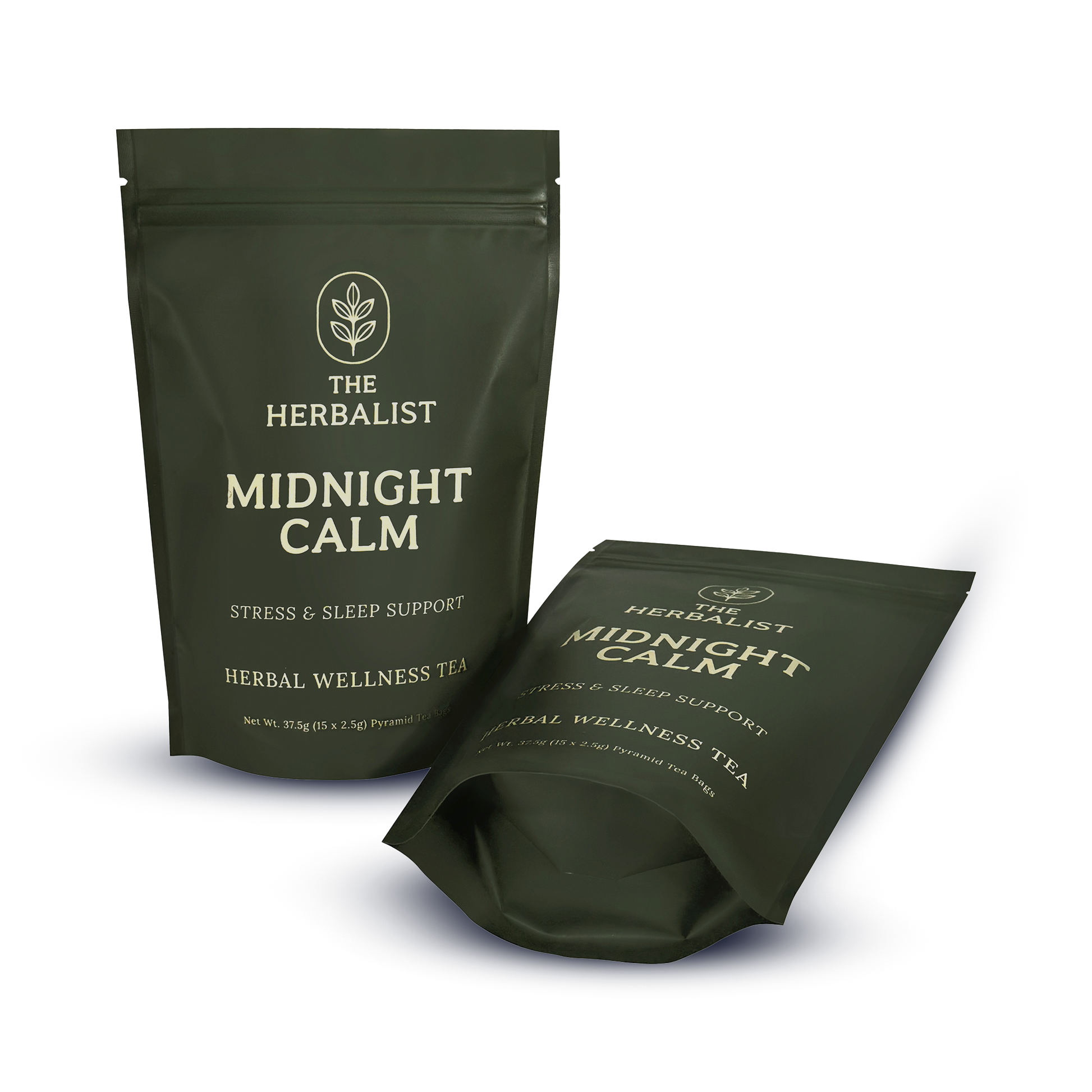 Pyramid tea bag of Midnight Calm herbal infusion steeping in hot water, perfect bedtime tea for relaxation and stress relief