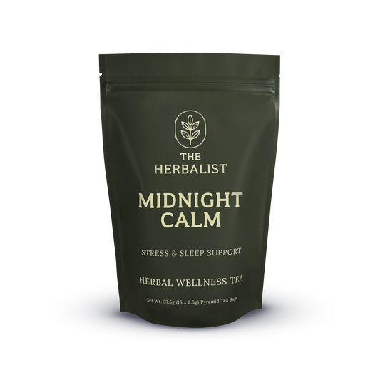 Midnight Calm premium herbal tea in pyramid tea bags – natural sleep aid and calming tea with ashwagandha, chamomile, and lavender