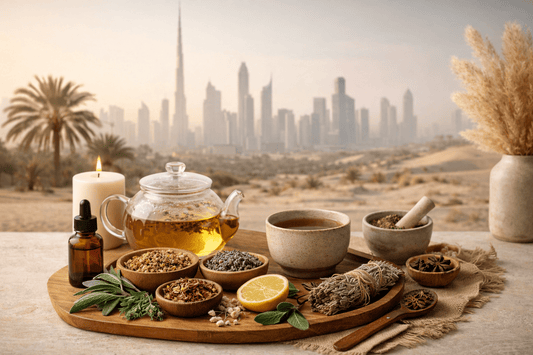 Cup of herbal tea with rose petals for hormone balance and skin health