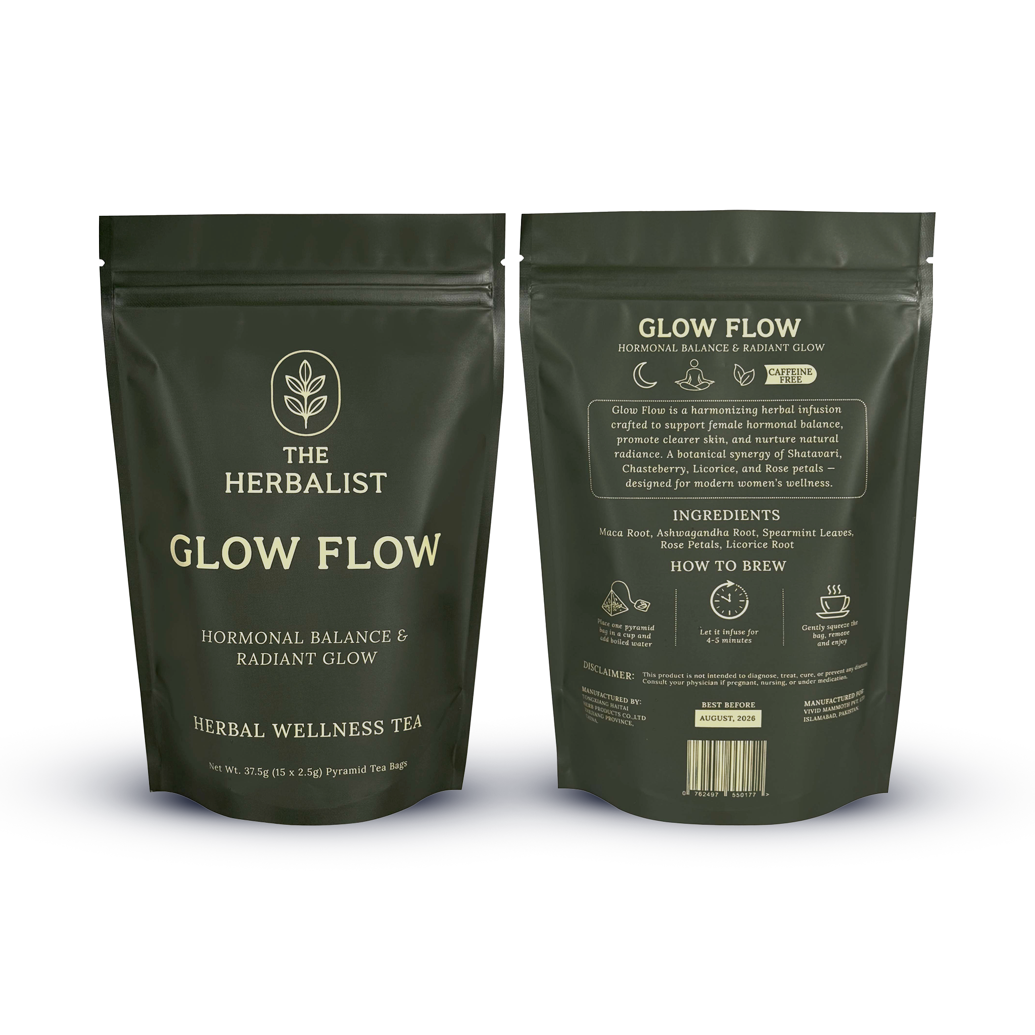Natural herbs used in Glow Flow tea – rose petals, spearmint leaves, chamomile flowers, and ashwagandha for women’s wellness