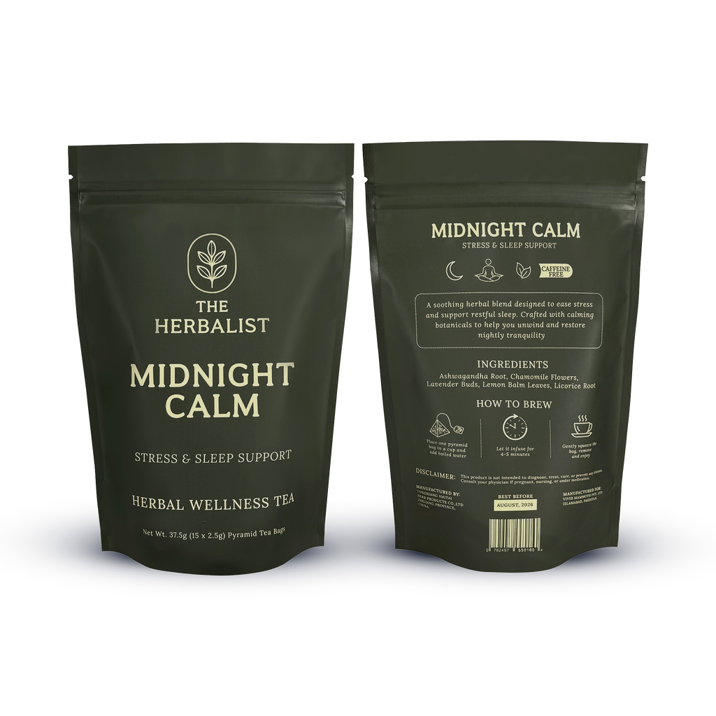 Natural herbs used in Midnight Calm tea – calming chamomile flowers, lavender buds, licorice root, lemon balm, and ashwagandha for restful sleep