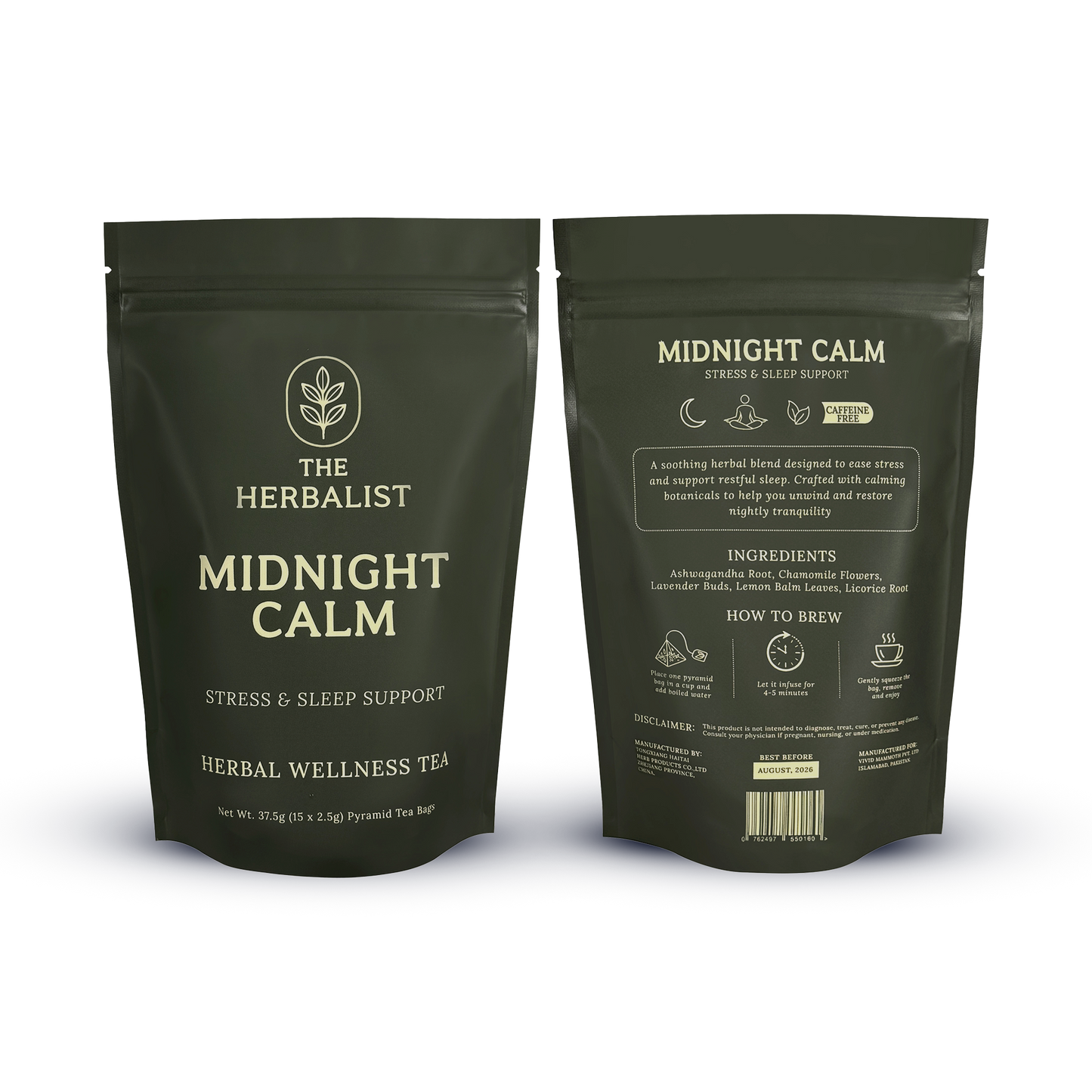 Natural herbs used in Midnight Calm tea – calming chamomile flowers, lavender buds, licorice root, lemon balm, and ashwagandha for restful sleep