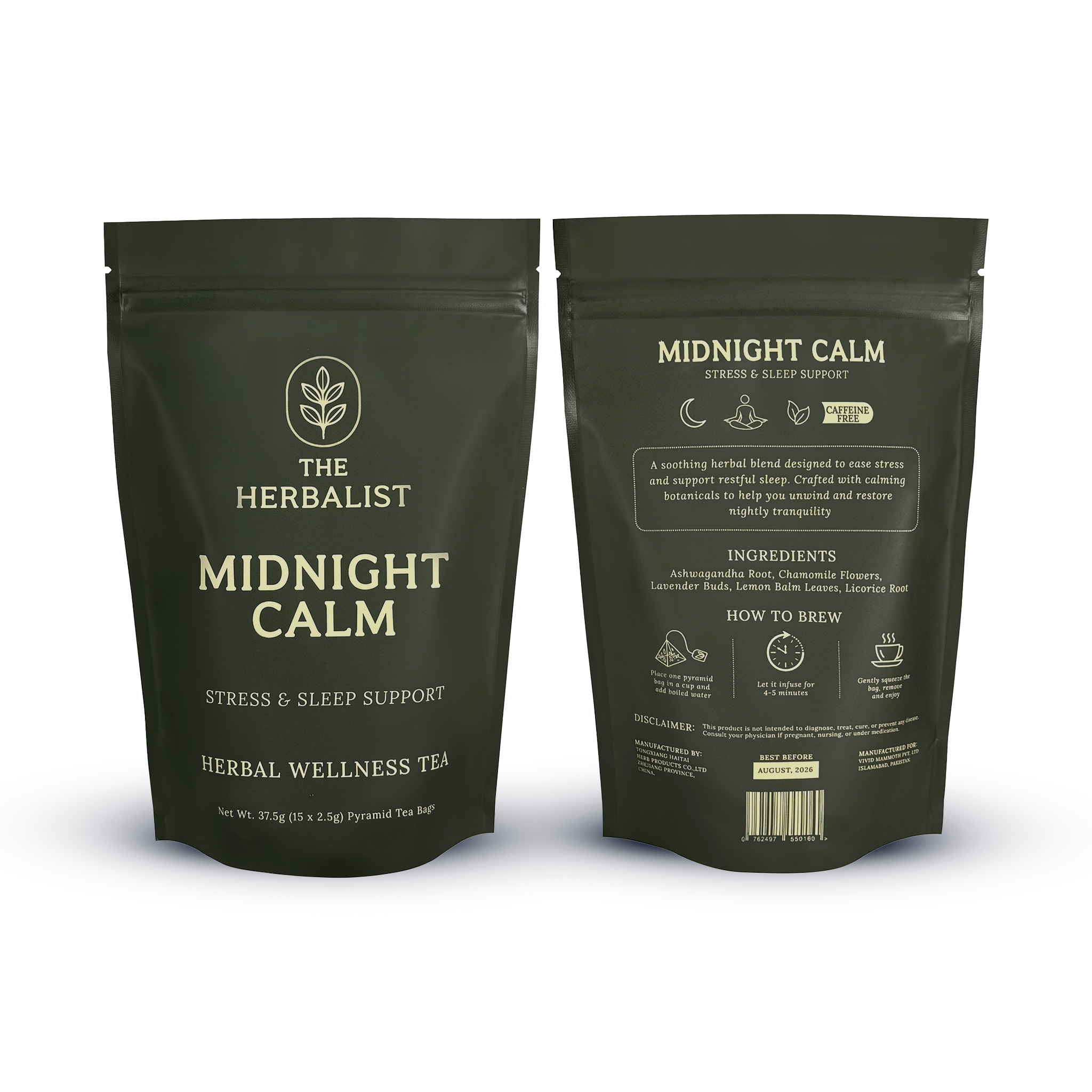 Natural herbs used in Midnight Calm tea – calming chamomile flowers, lavender buds, licorice root, lemon balm, and ashwagandha for restful sleep