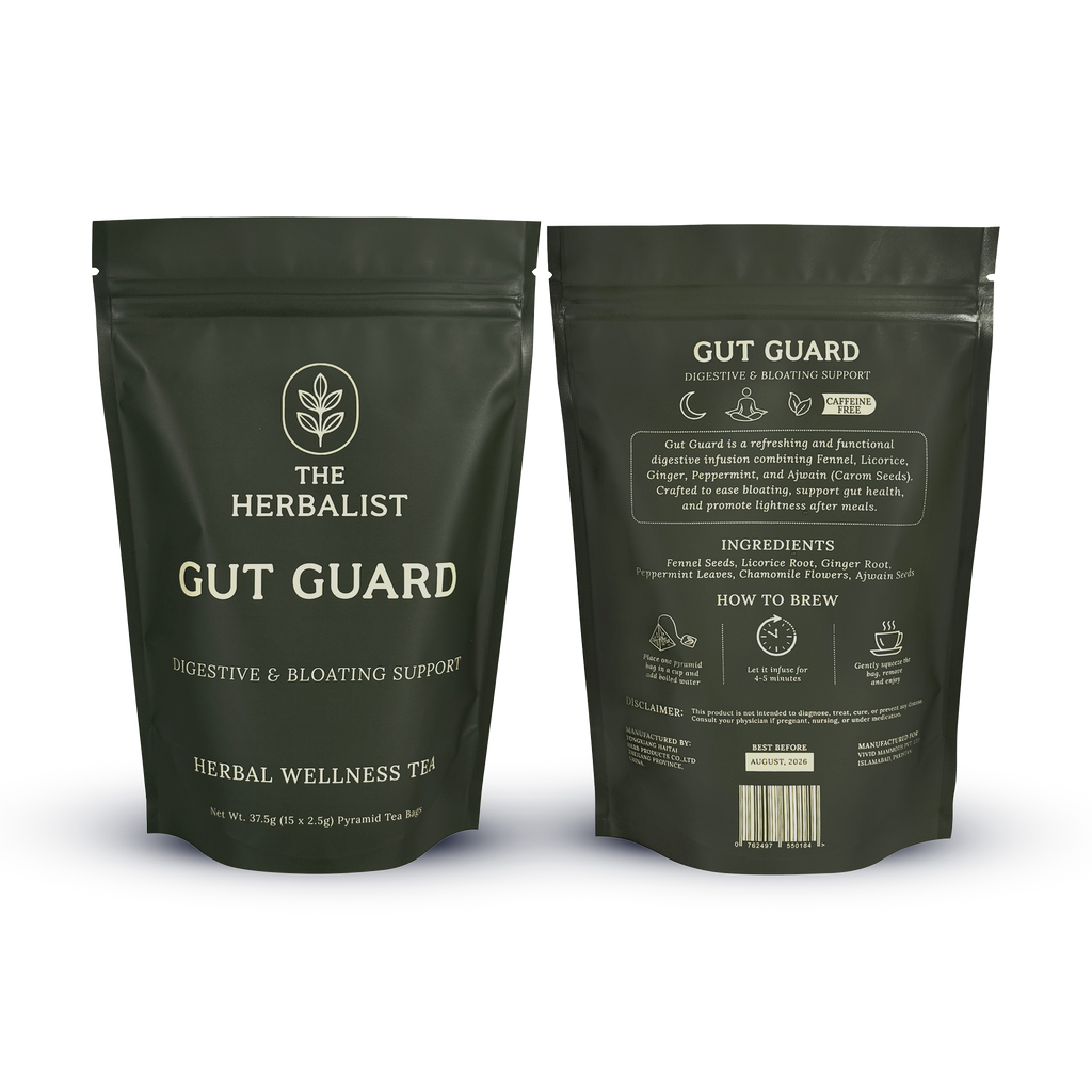 Natural ingredients of Gut Guard tea – peppermint leaves, fennel seeds, chamomile flowers, licorice root, and ginger
