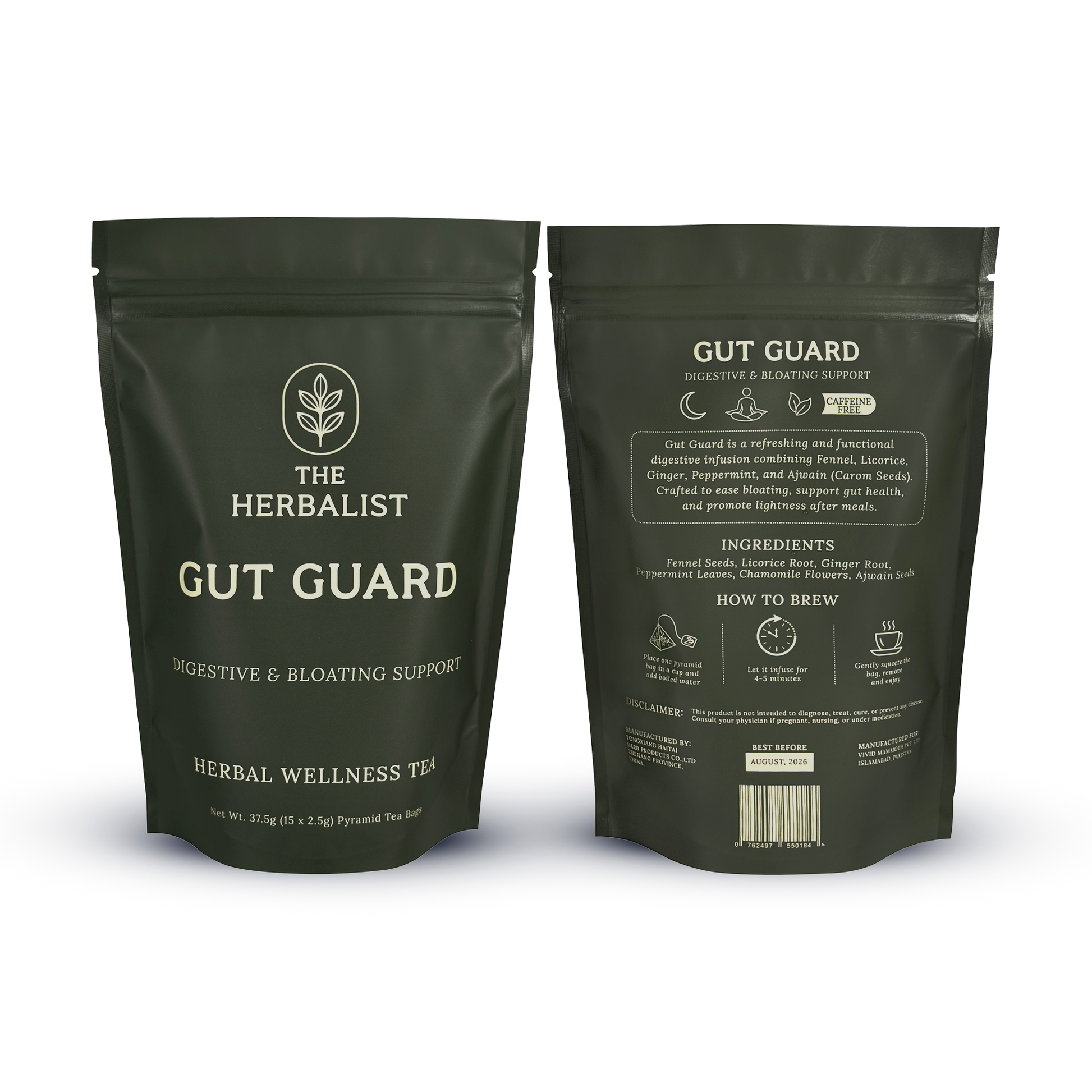 Natural ingredients of Gut Guard tea – peppermint leaves, fennel seeds, chamomile flowers, licorice root, and ginger