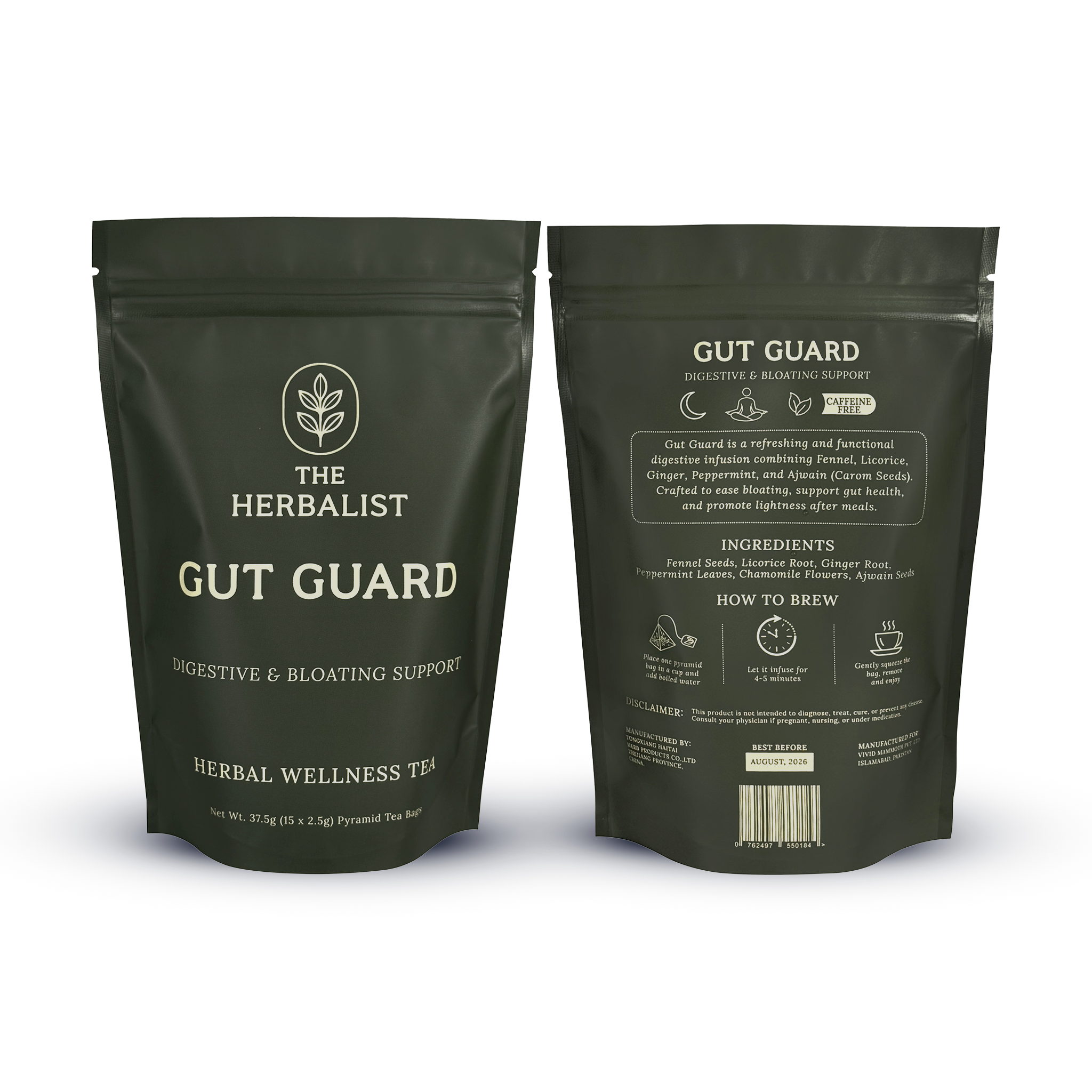 Natural ingredients of Gut Guard tea – peppermint leaves, fennel seeds, chamomile flowers, licorice root, and ginger